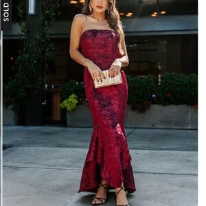 VICI Elliana Strapless Embossed Maxi Dress in Wine